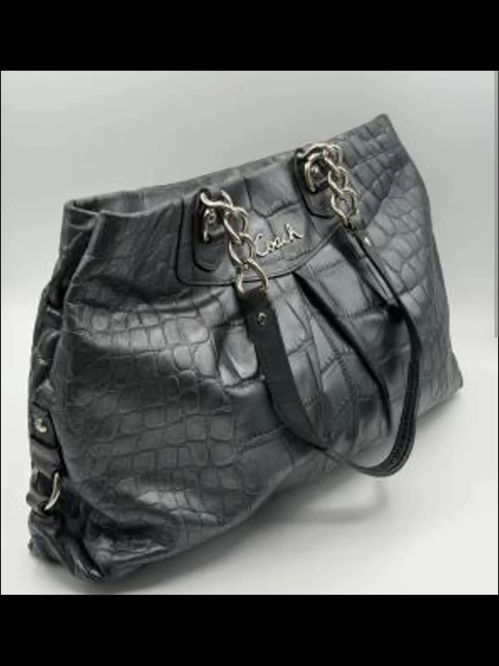 Coach Navy Grey leather Croc-Embossed Tote with Chain Handles